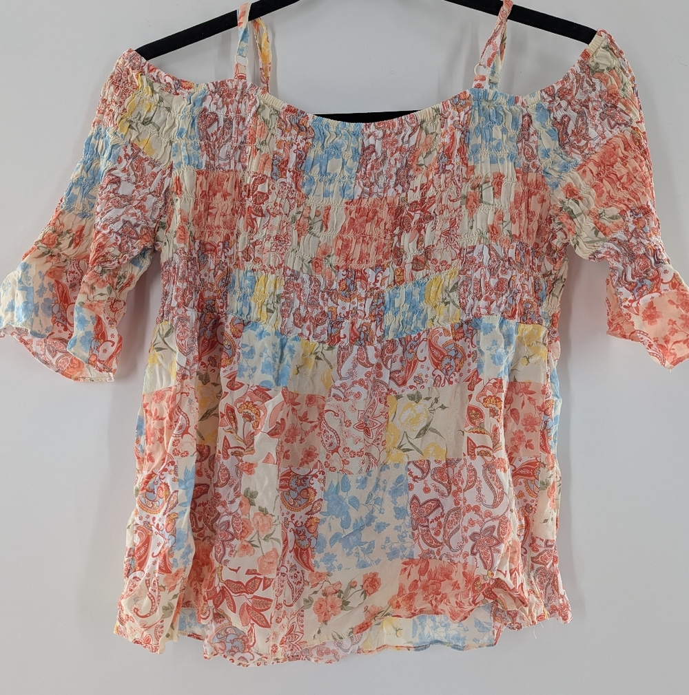 Cato Floral Paisley Cold Shoulder Smocked Blouse Top Large Boho Festival Peasant